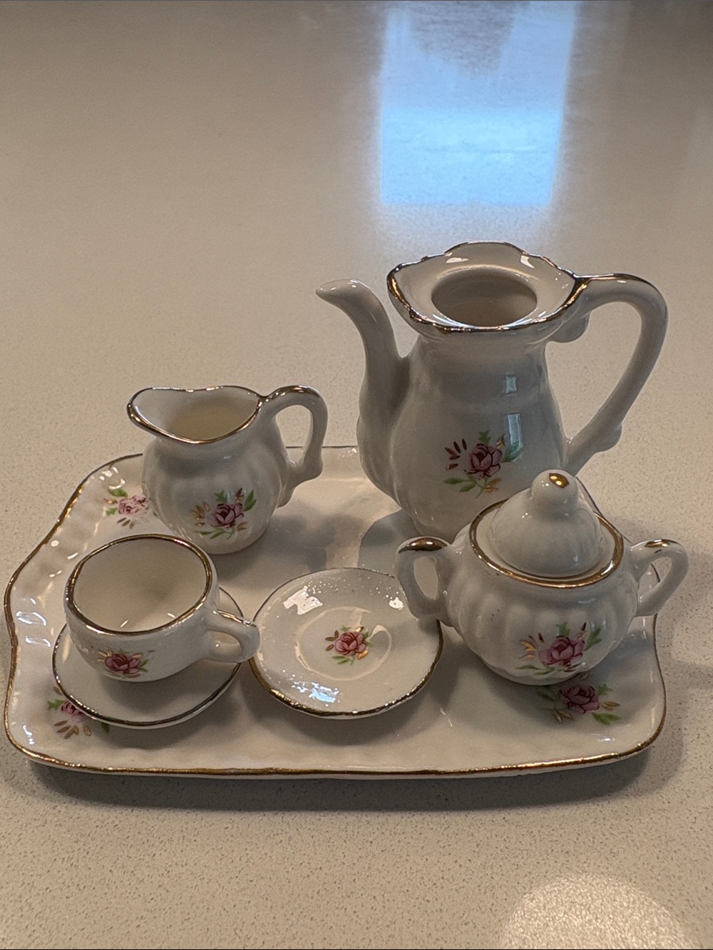 Vintage Porcelain Mini Tea Set with Pink Rose Detail